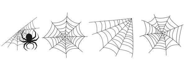 Spider web, spider horror house, creepy Halloween decoration concept set. Hand drawn Spiderweb vector doodle sketch. Cobweb isolated on white background for halloween, spooky, scary, horror house