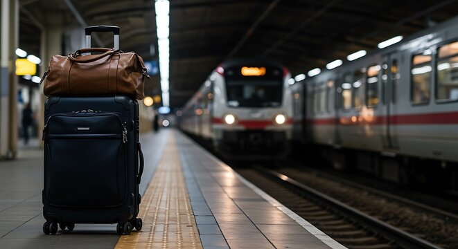 A suitcase and a travel bag sit on a train station platform as a train approaches in the background.