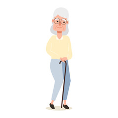 Elderly Woman Standing With Cane Light Yellow Sweater Light Blue Pants Glasses White Hair Calm Expression Simple Flat Illustration Style No Background