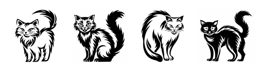 Obraz premium Four black and white sketches of cats with expressive faces and bushy tails depicted in dynamic poses.