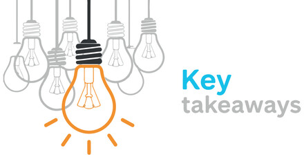 Single illuminated light bulb standing out from a group of dim, unlit bulbs, symbolizing key takeaways and ideas isolated on transparent background