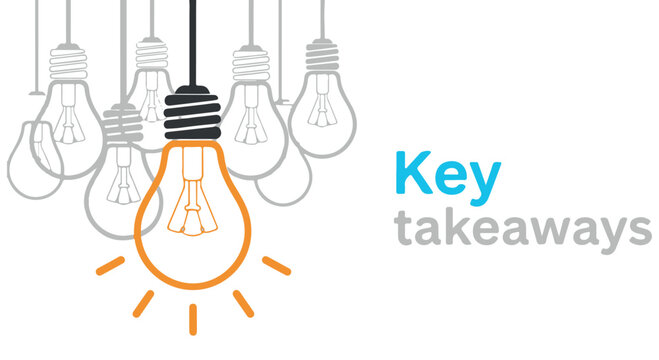 Single illuminated light bulb standing out from a group of dim, unlit bulbs, symbolizing key takeaways and ideas isolated on transparent background