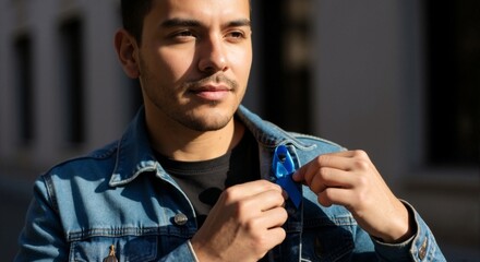 Young Hispanic man placing blue ribbon on denim jacket. Prostate cancer awareness and men's health support concept