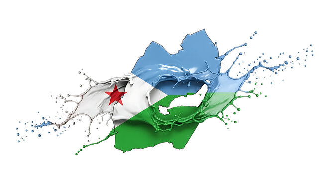 A dynamic splash art illustration showcasing the djibouti flag, isolated on transparent background, blending national colors in a vibrant burst, symbolizing the nations spirit and identity with artist