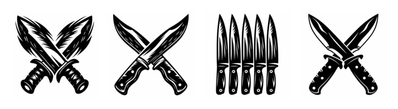 Four distinctive knife designs featuring crossed blades and a series of daggers