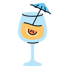 Light Blue Wine Glass With Orange Juice and Melon Slice Topped With Small Blue Umbrella on Transparent Background