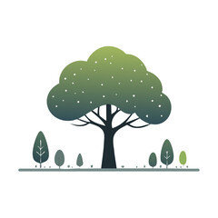 Stylized green tree with vibrant gradient foliage and small plants in a minimalist nature park landscape illustration
