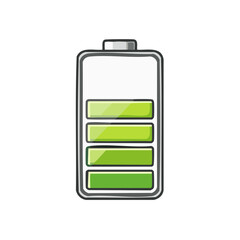 Hand drawn green battery icon with high charge level indicator doodle style