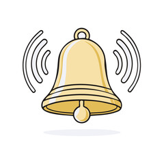 Vibrant golden ringing bell illustration emitting sound waves for notification or alarm