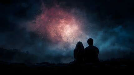 Obraz premium A couple sits silhouetted against a vibrant night sky watching a spectacular fireworks display