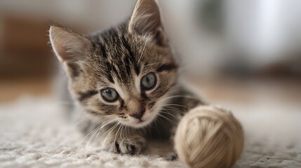 Adorable tabby kitten curiously plays with a ball of yarn on a soft rug indoors