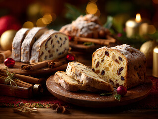 Sliced christmas stollen bread with dried fruit and nuts on a plate