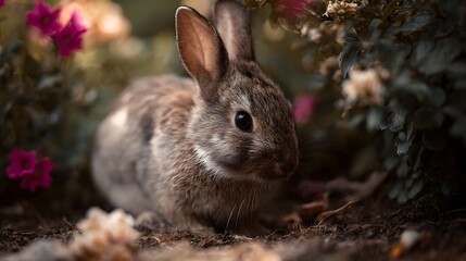 Fototapeta premium A cute young rabbit sits peacefully in a garden surrounded by pink flowers and lush greenery captured in natural light