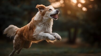 An energetic and joyful dog leaps through the air in a park during golden hour with warm sunlight filtering through trees creating a soft bokeh
