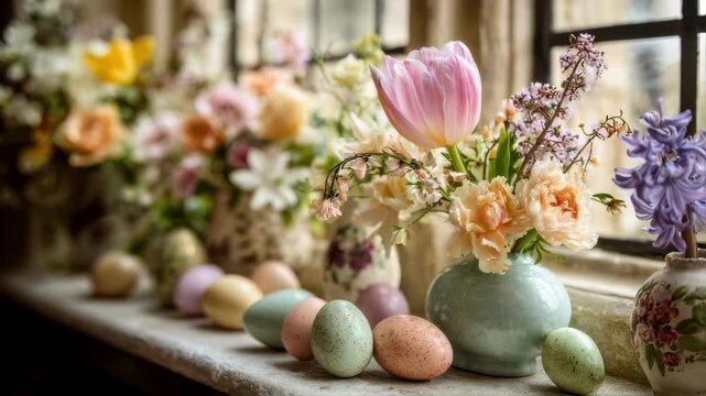 Seasonal spring window vignette showcasing pastelcolored floral arrangements and delicate Easter eggs with a single blooming tulip sharply in focus and the rest gently blurred.