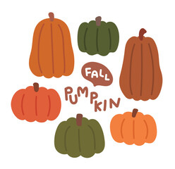 A collection of hand-drawn autumn pumpkins. Featuring uniquely shaped pumpkins and gourds. These adorable illustrations are perfect for fall marketing, harvest, Thanksgiving, and Halloween designs.