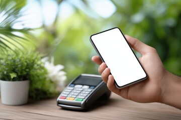 Customer holding smartphone with white screen near card payment terminal, surrounded by greenery, showcasing modern technology and payment solutions in a vibrant setting
