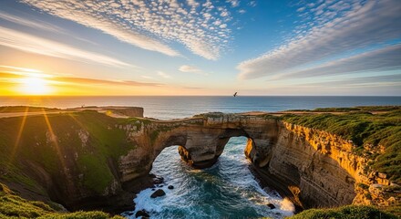 Scenic Coastal Arch Formation Under Golden Sunset Sky