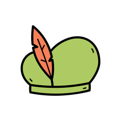 Green Doodle Hat With Orange Feather Adornment Isolated On White Background Hand Drawn Illustration Style