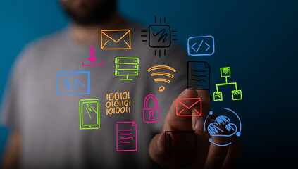 Man interacts with digital icons representing network, data, cloud, security, and communication.
