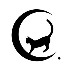 Black cat silhouette walking on crescent moon