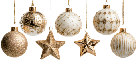 Collection of golden and white christmas ornaments and star decorations isolated on transparent background