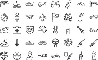 Military And Defense Equipment icon set. army, defense, weapon, equipment, gear, uniform, war, training, troop, combat and more On White Background.