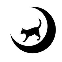 Black silhouette of a cat walking on a crescent moon