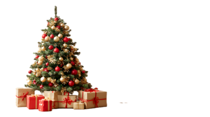 Decorated christmas tree with gifts isolated on transparent background