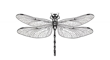 Detailed black and white illustration of a dragonfly against a clean white background
