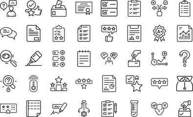 Survey And Questionnaire Elements icon set.  survey, questionnaire, feedback, review, report, opinion, exam, test, choice, quiz, document, checklist, form, rating, analysis  On White Background