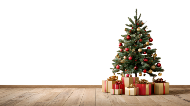 Decorated christmas tree with gifts on wooden floor isolated on transparent background