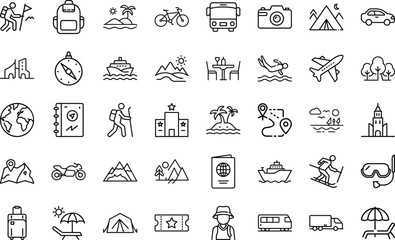 Travel And Vacation Adventure Concept icon set. With travel, vacation, tourist, transport, flight, hotel, map, dining, hiking, camping and more  On White Background