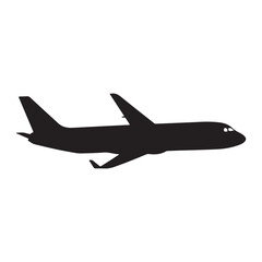 Airplane silhouette against white background featuring commercial aviation travel concept with a passenger jet flying through the sky