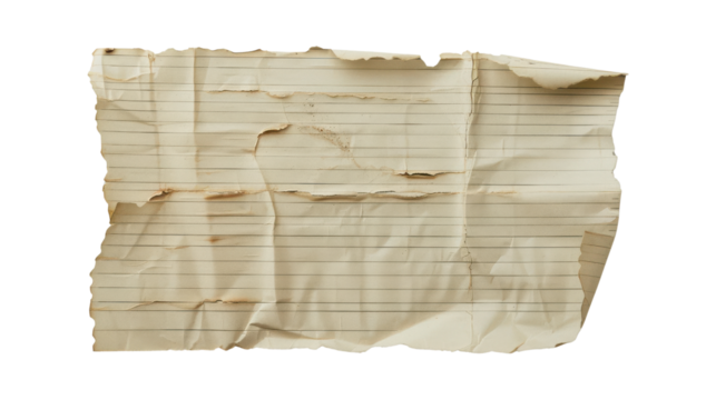 Aged crumpled lined paper with torn edges on black background image, Png On White Background, Isolated on Transparent Background, Cut Out