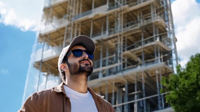 Construction Worker Looking Up at New Building