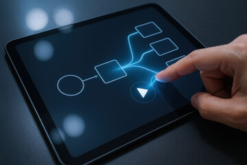 Ai agent workflow automation touchscreen interface with finger activating flowchart and play button conveying process control and efficiency
