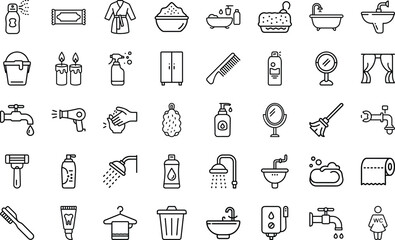 Bathroom Interior Elements icon set. With Shower washbasin, closet, shower, wc, plumbing, mirror, tap, trash, bath, hygiene, shampoo, towel, soap, clean, bubble, Vector Icon Set On White Background.