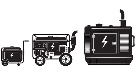 Obraz premium Three black silhouette icons of portable generators in increasing size, isolated on transparent background