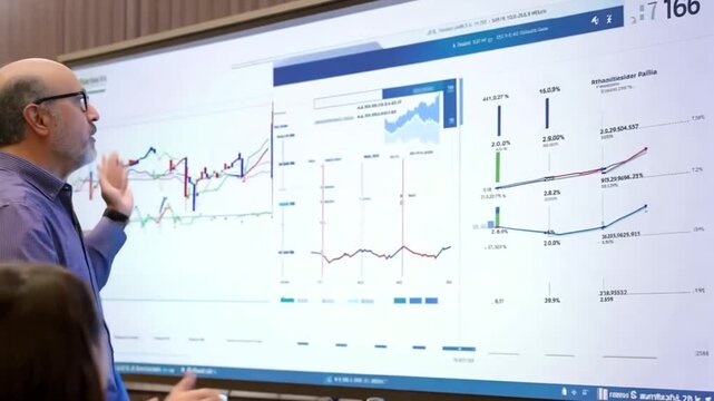 Businessman presenting data on large screen
