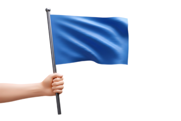 Hand holding a waving blue flag on a metal pole isolated on transparent background