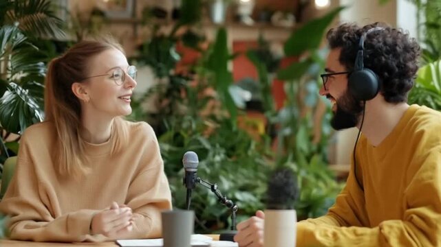 Two people talking in podcast studio, discussing ideas