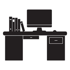 Black and White Desk Icon with Computer Books and Drawers for Website Design and Office Space Concepts