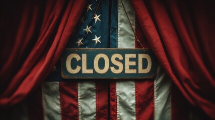 American flag with closed sign representing economic decline, national restriction and political shutdown concept
