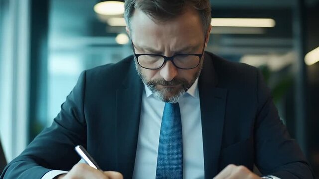 Businessman writing notes in office