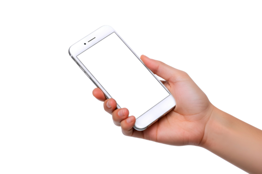 Hand holding a white smartphone with a blank screen isolated on transparent background