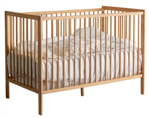Light-colored wooden crib, empty, with white bedding
