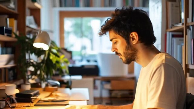 Home office worker, focused on computer, bookshelves in background. Possible use Stock photo for productivity or remote work