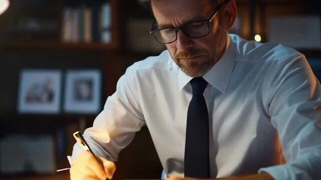 Focused Businessman Working Late Night at Home Office