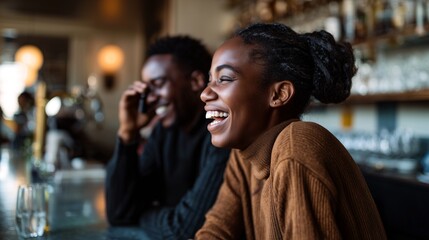 Happy woman laughing at bar with friends enjoying social moment. Joyful African American female in restaurant having fun during evening gathering. Friendship, celebration and leisure lifestyle.